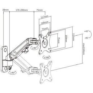 jetrics mount VM-UMA10 Monitor Wandhalterung "Aluminium Gasfeder Monitorarm für Wandmontage, LCD Monitore bis max. 27"", Tragfähigkeit max. 7Kg"