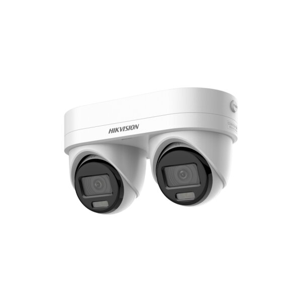 Hikvision DS-2CD2346G3D-IZ2UY/SL(2.8/4mm)(O-STD) Netzwerkkamera mit 4MP, zwei Objektive, fester Brennweite im Turret-Gehäuse, 2,8/4mm, IR, Alarm, Audio, IP67, Mic, weiß