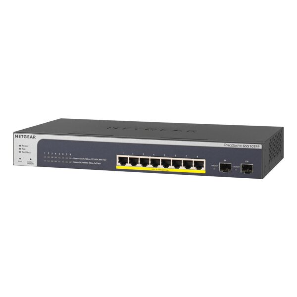 Netgear GS510TPP-100EUS Gigabit Switch, Smart managed, 8xRJ45 PoE+ 190W, 2x SFP, max. 32 dB bei 25° C