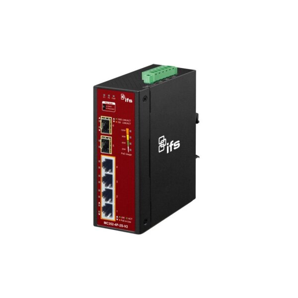 IFS MC352-4P-2S-V2 Medienkonverter, Unmanaged, 4x RJ45, 2x SFP, 48VDC, PoE 30 W