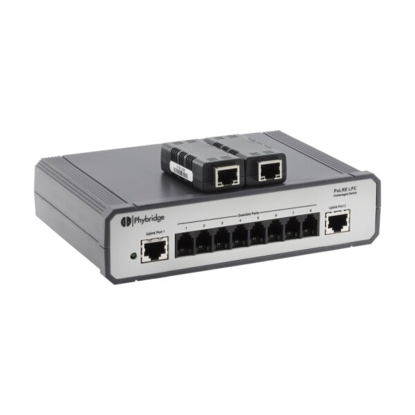 2N NVT Phybridge PL-08 switch with 2 adaptors - EU po PoLRE LPC Switch, 8 Port, 10 Mbit/s., 2x 10/100 Base Uplink, 2x Phylink Adapter, EU power cord