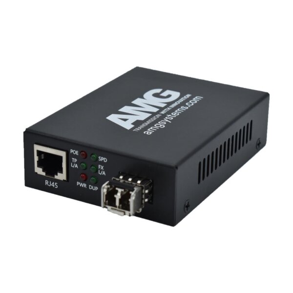 AMG Systems AMG210M-1GAT-1SM2-P30 POE Medienkonverter, für 0°C bis 50°, 1 x 1GBT RJ45, 1 x GFX, SM, 2 Fasern