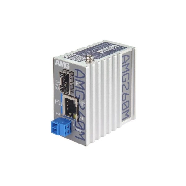 AMG Systems AMG260M-1FBT-1S-P90 Industrieller Mini Medienkonverter, 1 x 10/100BT RJ45 60/90W, 1 x 100/1GBFX SFP Slot, 52-56 VDC Input, DIN Rail / Wandmontage