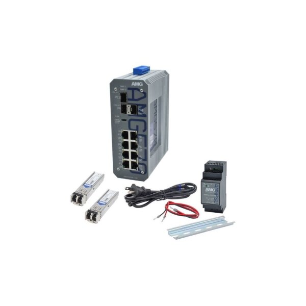 AMG Systems AMG570-8G-3S-KM1 Industrieller 11 Port Managed Switch Kit, 8 x 10/100/1000BT RJ45, 3 x 100/1000/2,5GFX SFP Slots, 2 x 1Gb Multimode SFP Modules
