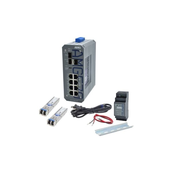 AMG Systems AMG570-8G-3S-KS1 Industrieller 11 Port Managed Switch Kit, 8 x 10/100/1000BT RJ45, 3 x 100/1000/2,5GFX SFP Slots, 2 x 1Gb Singlemode SFP Modules