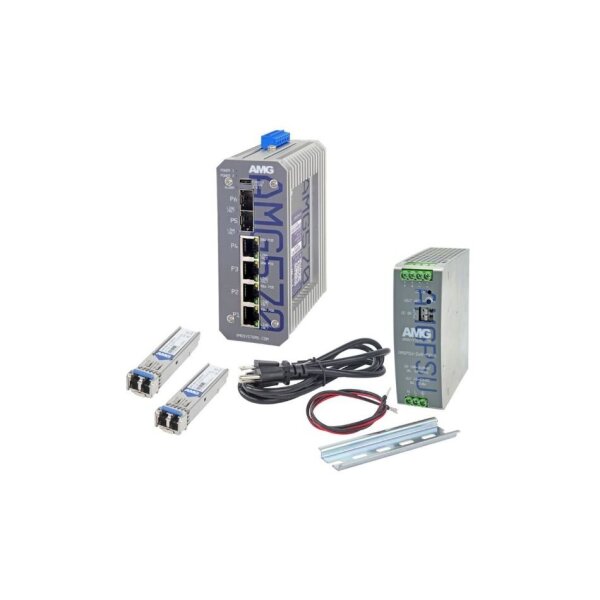 AMG Systems AMG570-2GBT-2GAT-2S-P240-KS1 Industrieller 6 Port Managed PoE Switch Kit, 2 x 10/100/1000BT RJ45 mit 60/90W PoE, 2 x 10/100/1000BT RJ45 mit 30W PoE