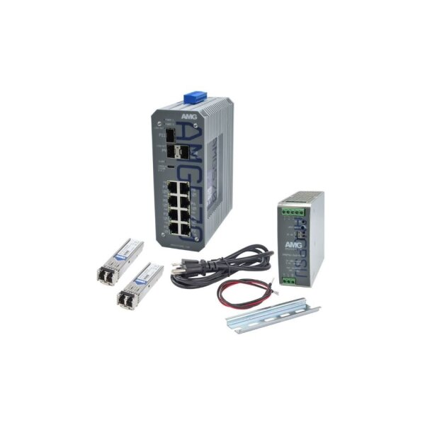 AMG Systems AMG570-4GBT-4G-3S-P360-KM1 Industrieller 11 Port Managed PoE Switch Kit, 4 x 10/100/1000BT RJ45 mit 60/90W PoE, 4 x 10/100/1000BT RJ45, 3 x 100/1000/2,5GFX SFP