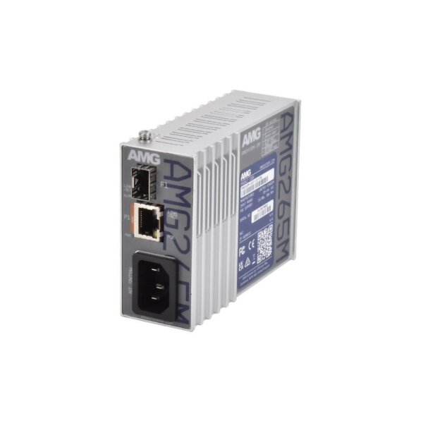 AMG Systems AMG265M-1FAT-1S-P30 Industrieller Mini PoE Medienkonverter, 1 x 10/100BT RJ45 30W, 1 x 100/1GBFX SFP Slot, DIN Rail / Wandmontage, IEC Mains Power