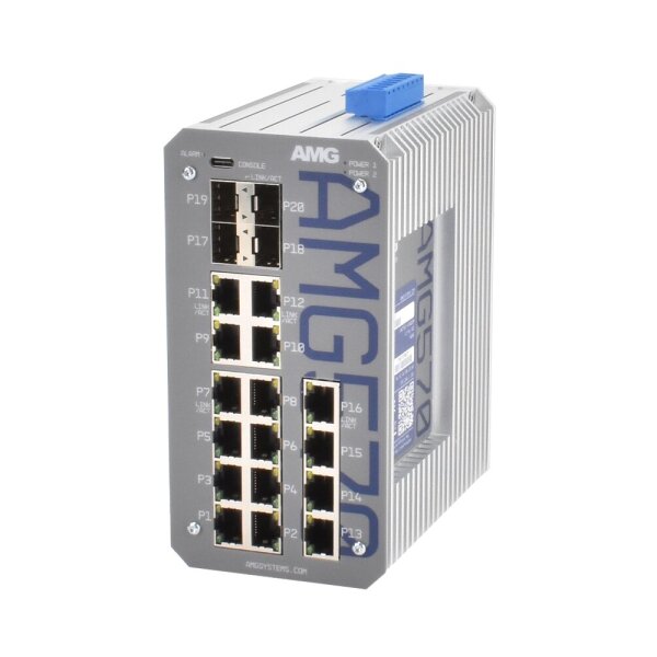 AMG Systems AMG570-16G-4S Industrieller 20 Port Managed Switch 16 x 10/100/1000BT, 2 x 100/1000/2,5GFX SFP Slot, 2 x 100/1000Base-FX SFP Slot, -40°C to +75°C