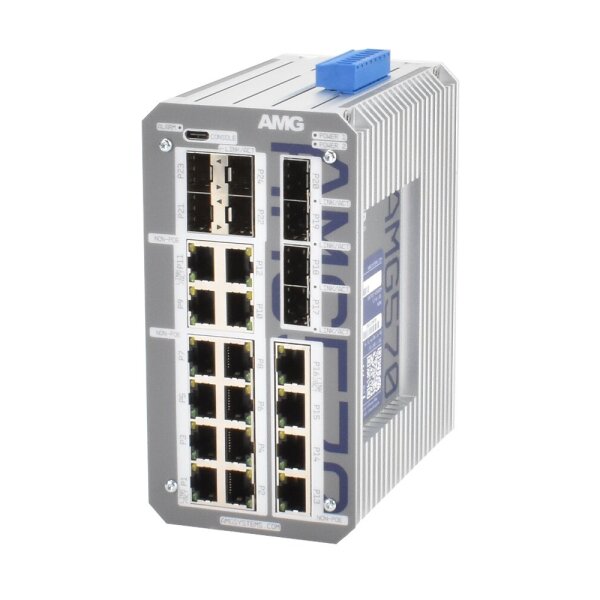 AMG Systems AMG570-16G-8S Industrieller 24 Port Managed Switch 16 x 10/100/1000BT, 2 x 100/1000/2,5GFX SFP Slot, 6 x 100/1000Base-FX SFP Slot, -40°C to +75°C