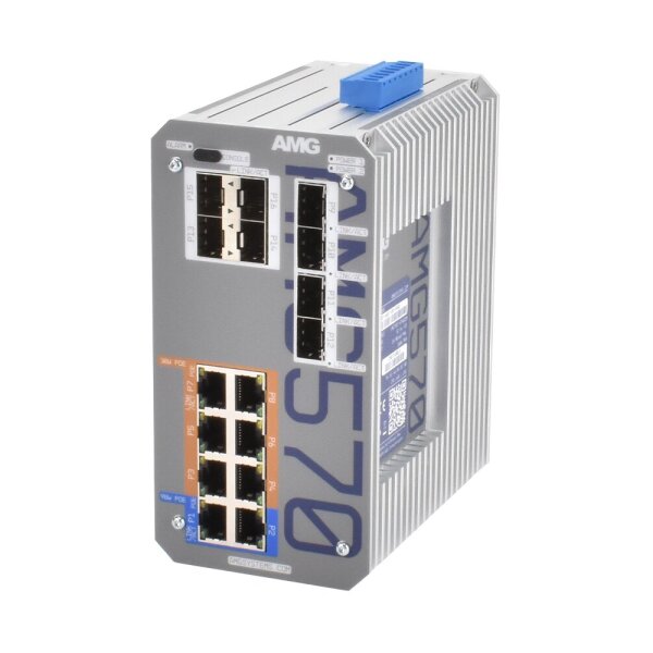 AMG Systems AMG570-2GBT-6GAT-8S-P360 Industrieller 16 Port Managed Switch, 2 x 10/100/1000BT RJ45 mit 60/90W PoE, 6 x 10/100/1000BT RJ45 mit 30W, 8 x SFP Ports
