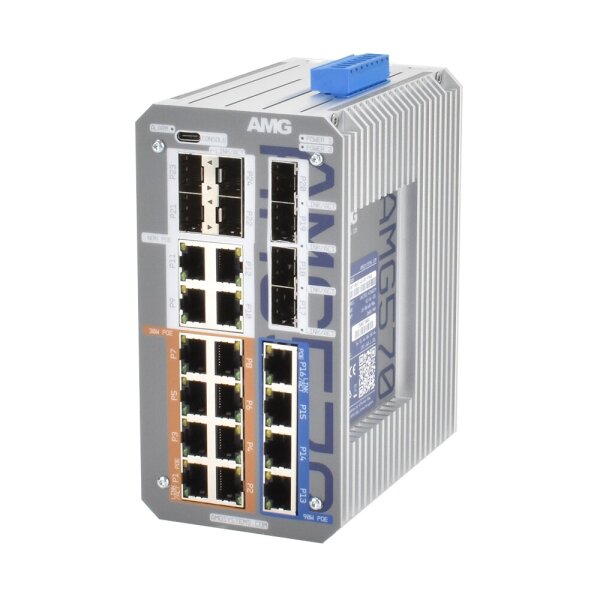 AMG Systems AMG570-4GBT-8GAT-4G-8S-P360 Industrieller 24 Port Managed Switch, 4 x 10/100/1000BT RJ45 mit 60/90W PoE, 8 x 10/100/1000BT RJ45 mit 30W, 8 x SFP Ports