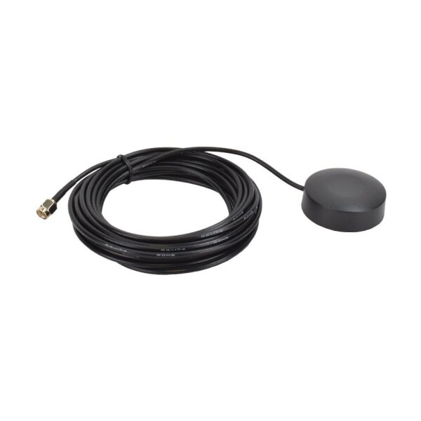 AMG Systems AMGANT-G1-ODA2.5-5B 360° Omni-Antenne, 1x GNSS 2.5dBi Gain SMA-Typ Stecker, 5m RG174 Kabel, IP65, Oberflächenmontage mit doppelseitigem Klebepad, schwarz