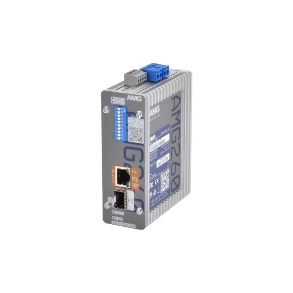 AMG Systems AMG260-1GAT-1S-P30 Industrieller PoE Medienkonverter, 1 x 10/100/1000BT RJ45 mit 30W PoE, 1 x 100/1000 Base-FX SFP Slot, DIN Rail / Wandmontage