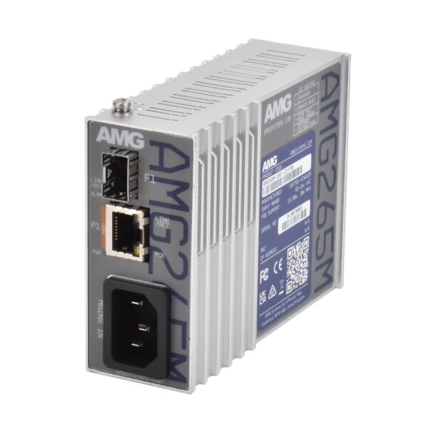 AMG Systems AMG265M-1GAT-1S-P30 Industrieller PoE Medienkonverter, 1 x 10/100/1000BT RJ45 mit 30W PoE, 1 x 100/1000 Base-FX SFP Slot, IEC Mains Power