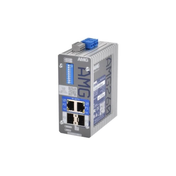 AMG Systems AMG260-2GBT-2S-P180 Industrieller PoE Medienkonverter, 2 x 10/100/1000BT RJ45 mit 60/90W PoE, 2 x 100/1000Base-FX SFP Slot, DIN Rail / Wandmontage