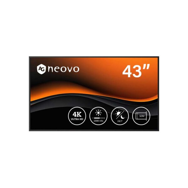 AG Neovo PD4302 "43"" (109cm) LCD Monitor, UHD 3840x2160, HDMI, VGA, DisplayPort, USB-C, schwarz"