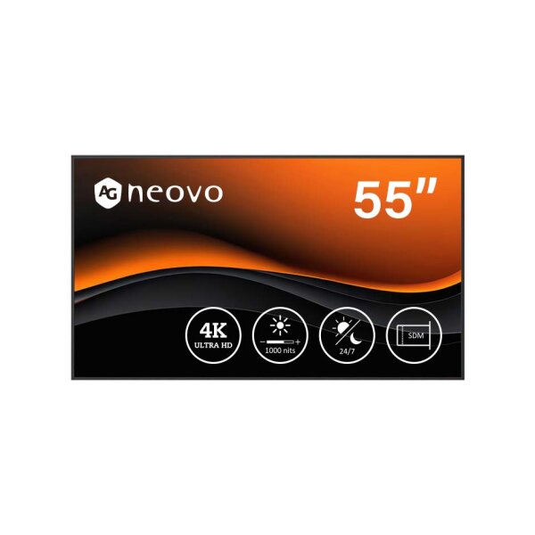 AG Neovo PD5502 "54,6"" (138cm) LCD Monitor, UHD 3840x2160, HDMI, VGA, DisplayPort, USB-C, schwarz"