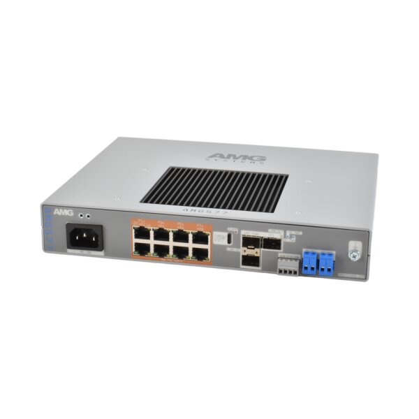 AMG Systems AMG577-8G-3S Industrieller 11 Port Managed 1U 19 Zoll Switch, 8 x 10/100/1000 RJ45, 3 x 100/1000/2,5GFX SFP Slots, 85-264 VAC IEC Mains Power, 1x 12-56VDC